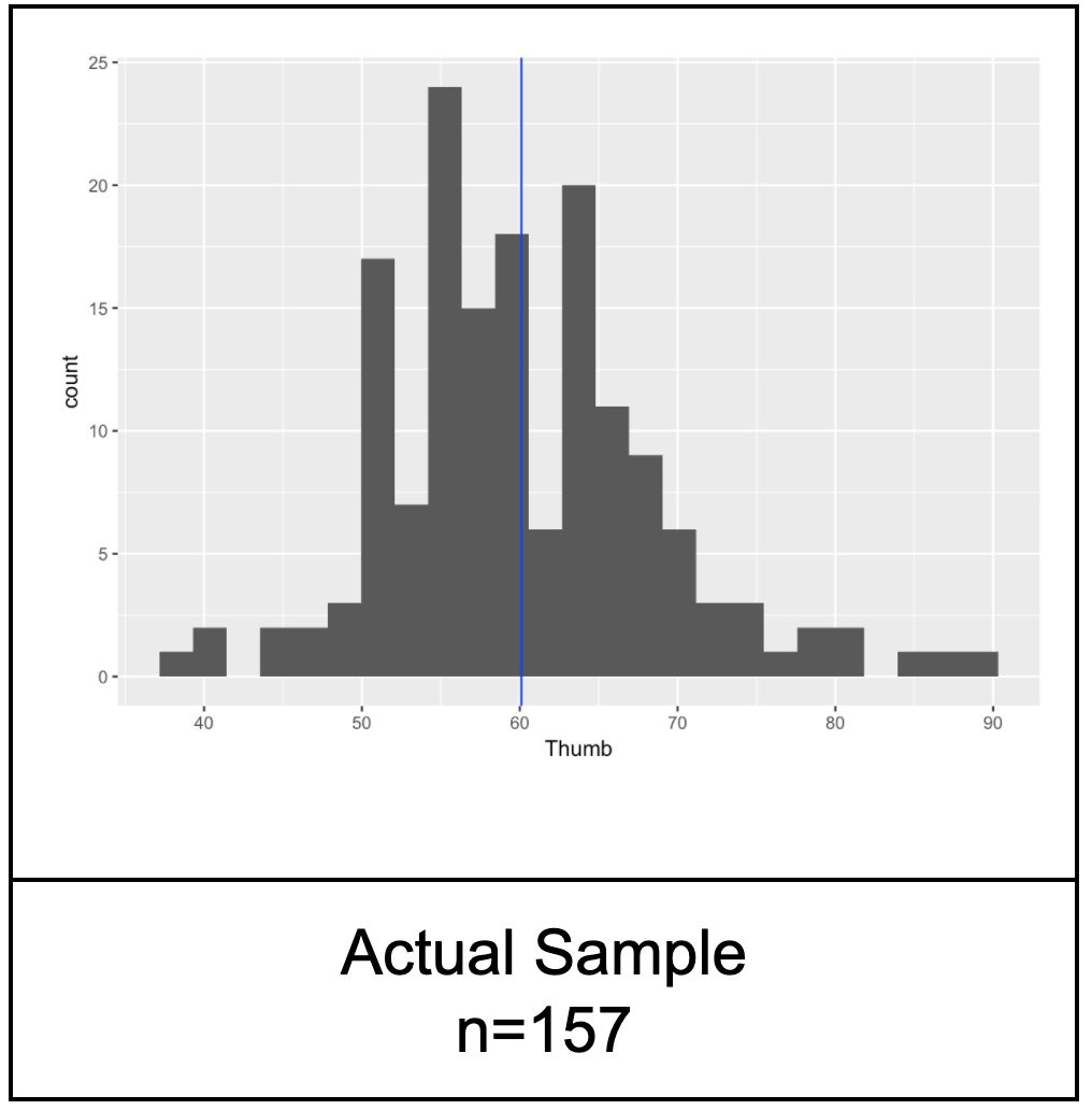 A histogram of the distribution of Thumb in Fingers with a vertical line showing the mean.