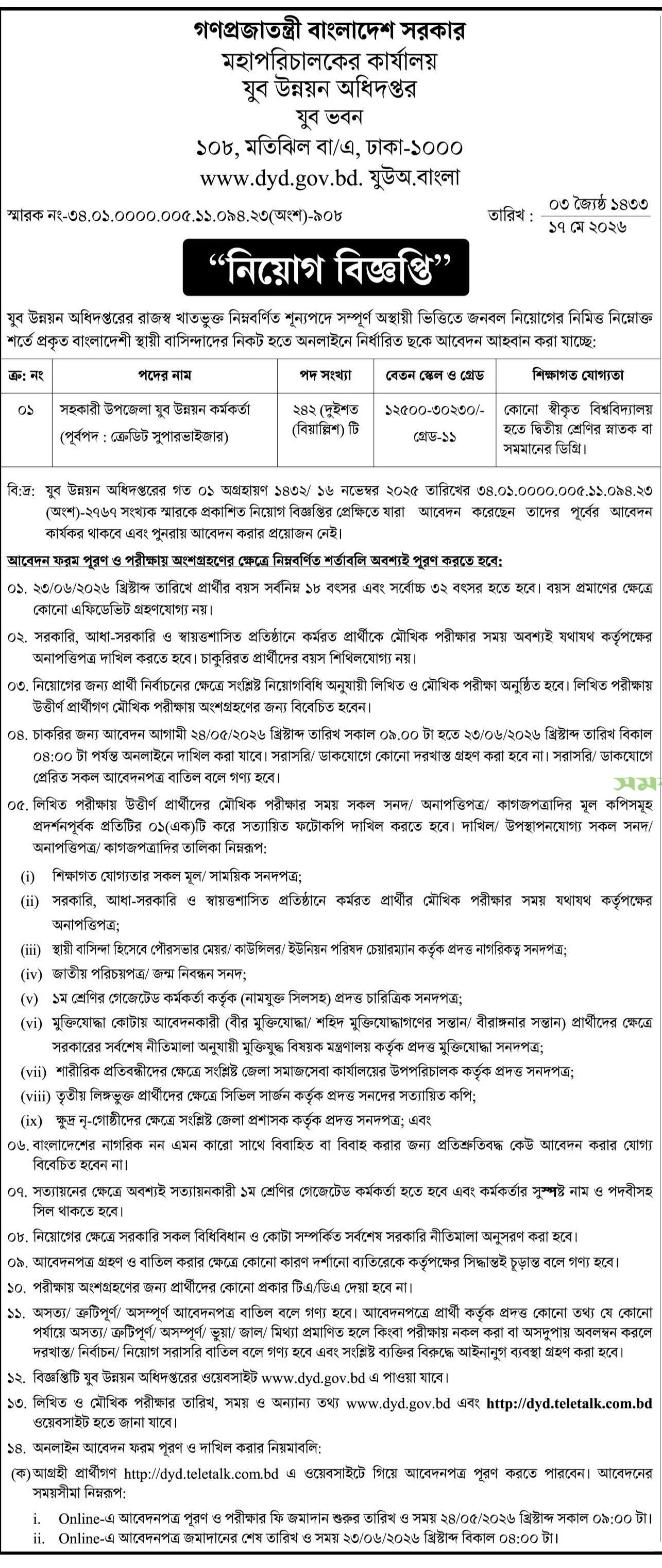 যুব উন্নয়ন অধিদপ্তর নিয়োগ বিজ্ঞপ্তি ২০২৬