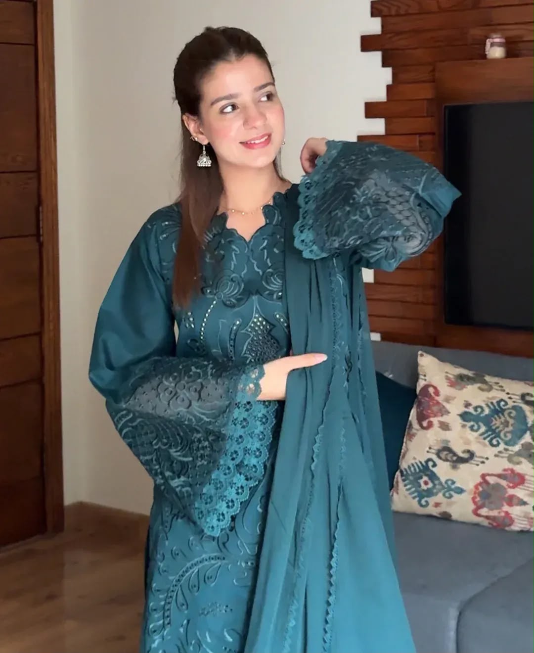 Teal Majestique Lawn Cotton Embroidered Dress