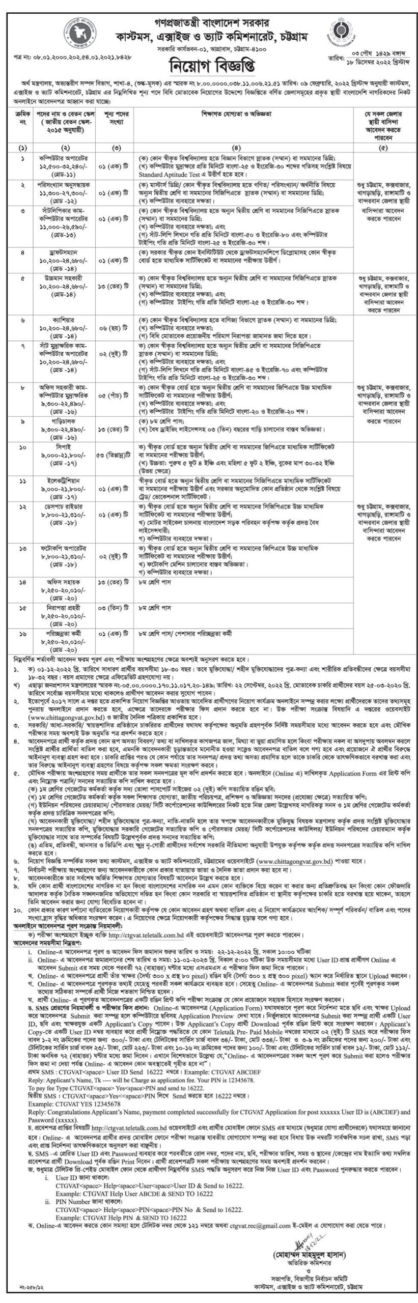 Customs Excise & VAT Commissionerate Chittagong job Circular 2023