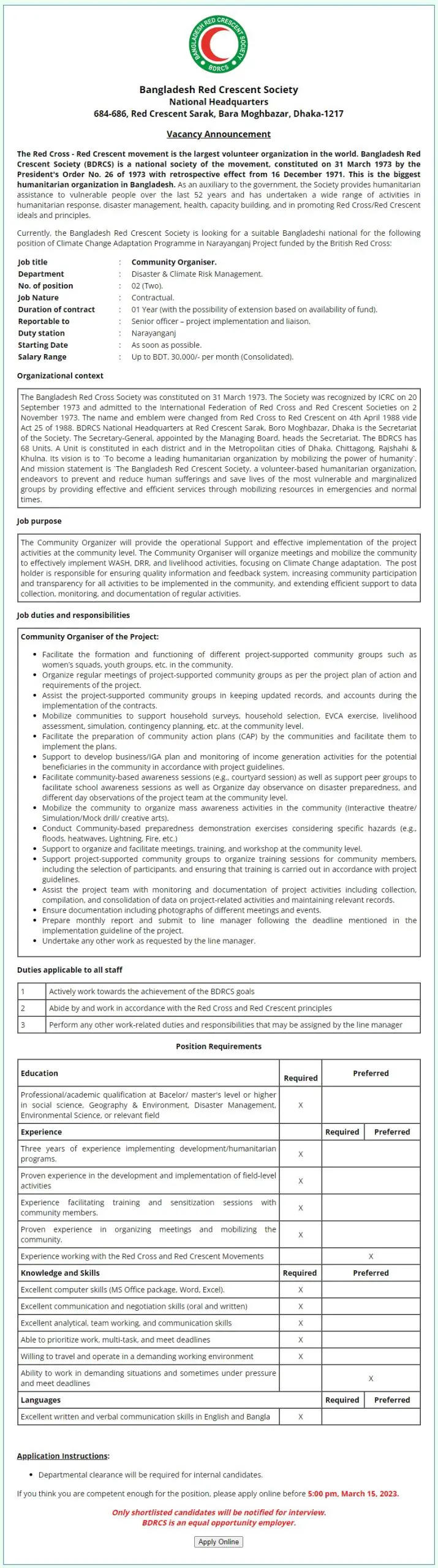 Bangladesh RED Crescent Society Job Circular 2023