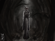 digital art of Arbor by Hakumi on Art Fight. Arbor is standing on a path surrounded by a dark forest, with lighting coming from behind him.