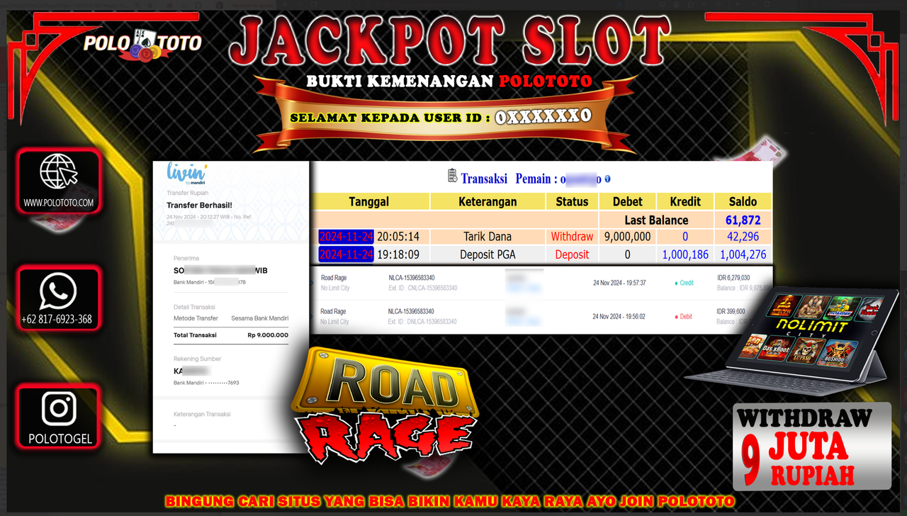 POLOTOTO JACKPOT SLOT ROAD RAGE Rp.9.000.000,-