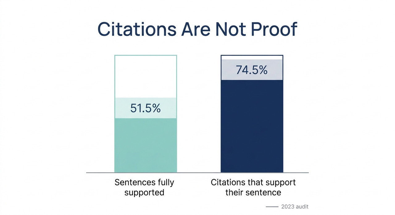 Check Whether Perplexity Citations Support Claims (2026) 2 Bar chart from a 2023 audit: 51.5% of sentences fully supported and 74.5% of citations support their sentence