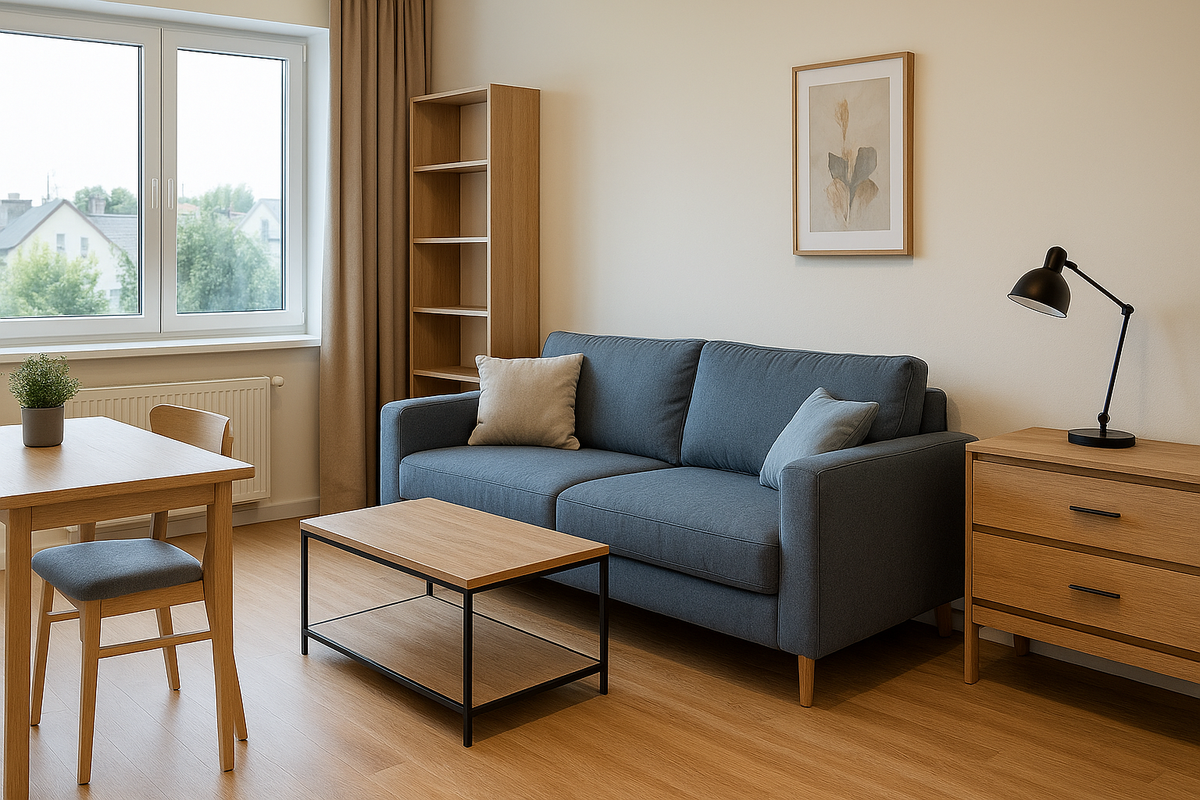 Современный интерьер съёмной квартиры с арендованной мебелью — диван, стеллаж, рабочий стол