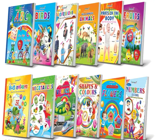 Picture Book Collections for Eary Learning ( kids books Set combo of 12 -Water Proof) -ABCD, Numbers Counting Tables, Colours & Shapes, Flowers, Fruits, Vegetables, Vehicles, Birds, Domestic animals, Wild Animals, Parts of the Body & Professions Color 1 (T104)