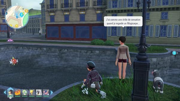 still image showing my character crouching next to a pond, watching a magikarp. beside me, a random NPC woman also looking at the magikarp says “j’ai comme un drôle de sensation quand je regarde un magicarpe….”