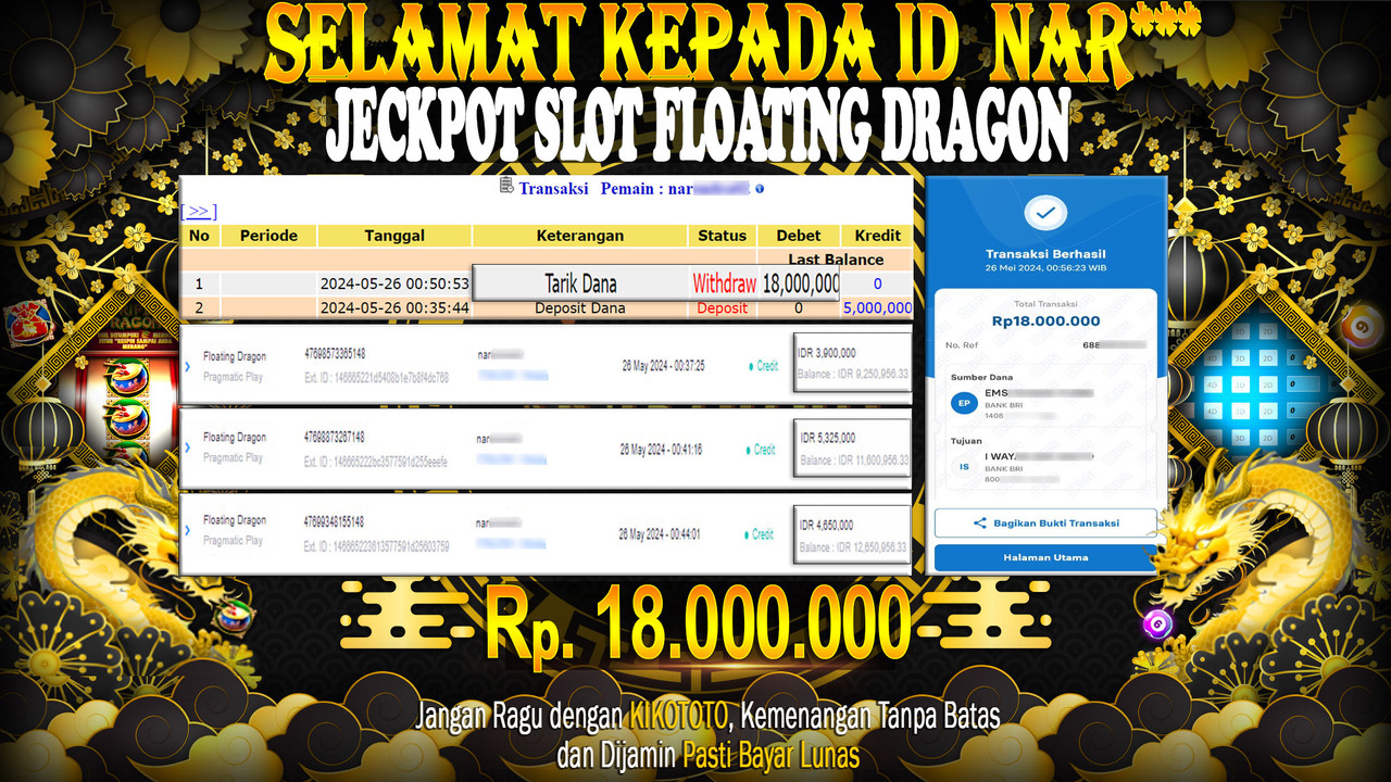 JECKPOTT !!! MENANG BESAR DI SLOT FLOATING DRAGON  SEBESAR Rp 18,000,000 LANGSUNG DI BAYAR KIKOTOTO !!!!