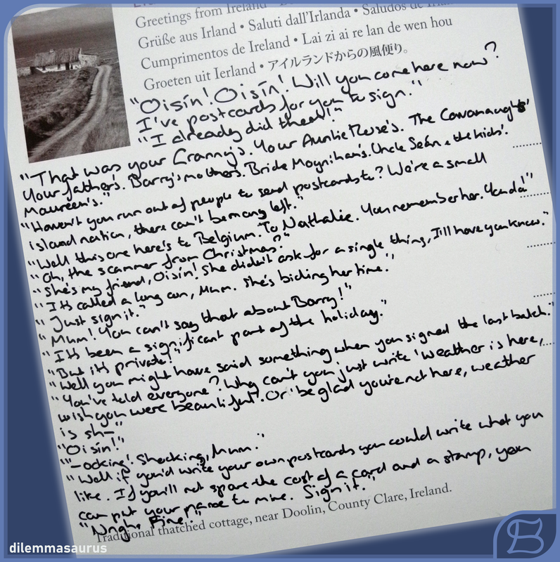 A postcard showing a conversation between Anne Flanagan and Oisín.  A transcription is available in chapter 2 of this work.