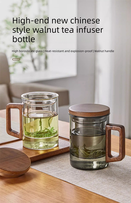 400ml Borosilicate Glass Tea Mug with Infuser and Walnut Wood Handle Clear Loose Leaf Teacup for Home Office