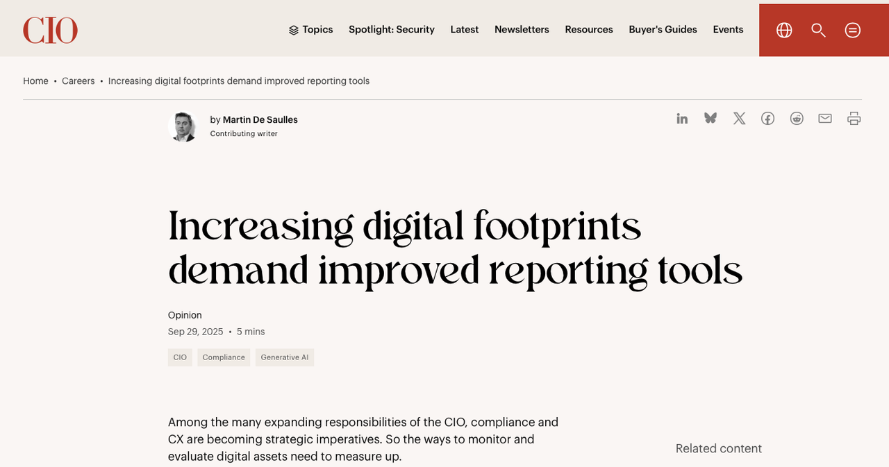 Screenshot of CIO.com article: Increasing digital footprints demand improved reporting tools