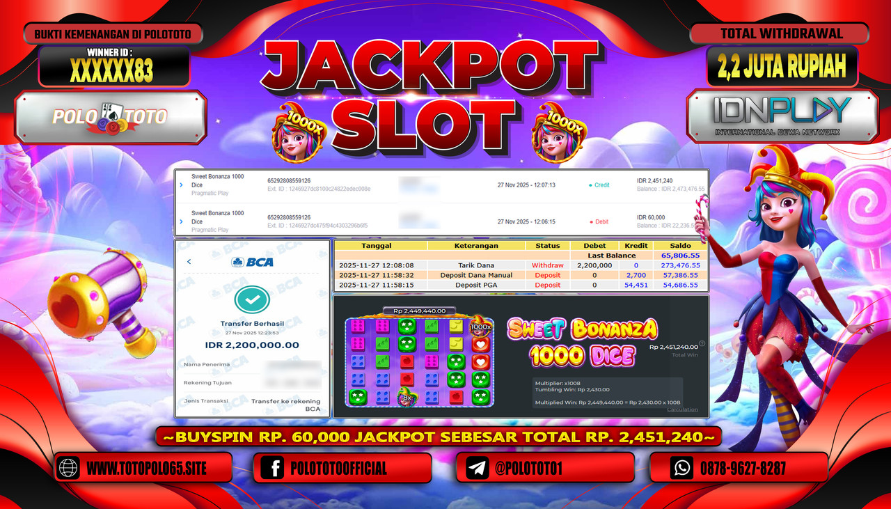 POLOTOTO JACKPOT SLOT SWEET BONANZA 1000 DICE Rp.2.200.000,- LUNAS