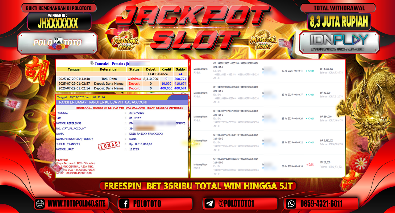 POLOTOTO JACKPOT SLOT MAHJONG WAYS Rp.8.300.000,-LUNAS