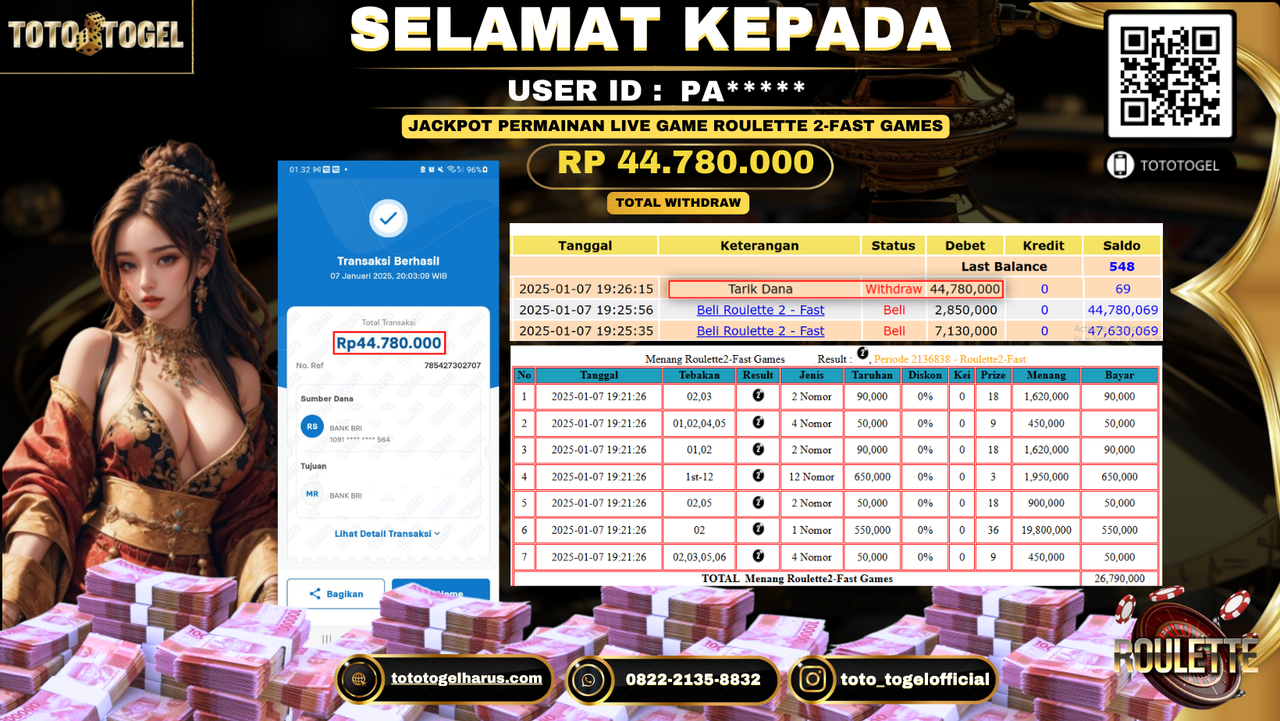 Bukti Pembayaran Jackpot  Permainan Live Game Roulette 2-Fast Games  : Pa***** LUNAS