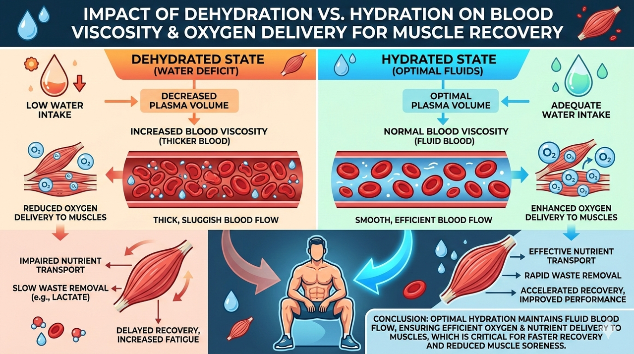 Diagram showing effects of dehydration on blood viscosity and oxygen delivery to muscles for importance of hydration in muscle recovery