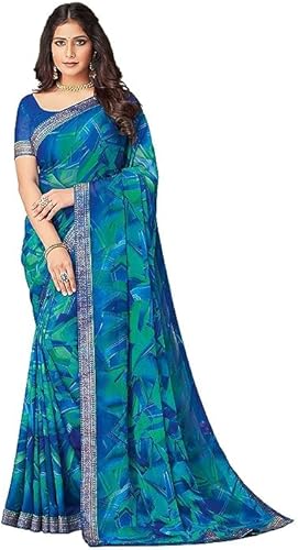 SIRIL Floral Printed Blue Chiffon Saree