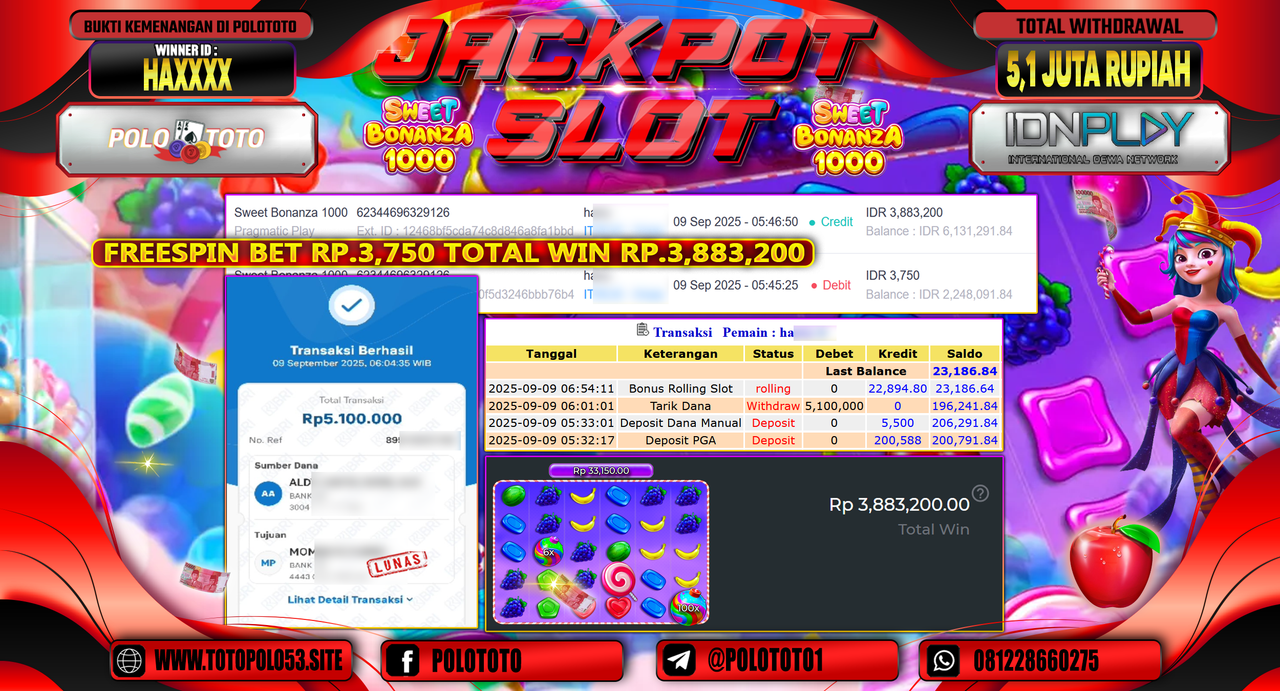 POLOTOTO JACKPOT SLOT SWEET BONANZA 1000 Rp.5.100.000,-