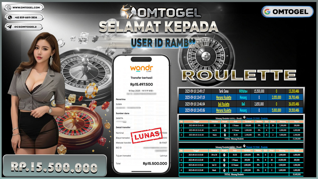 OMTOGEL JACKPOT LIVE GAMES ROULETTE 15 JUTA DI BAYAR LUNAS ,-