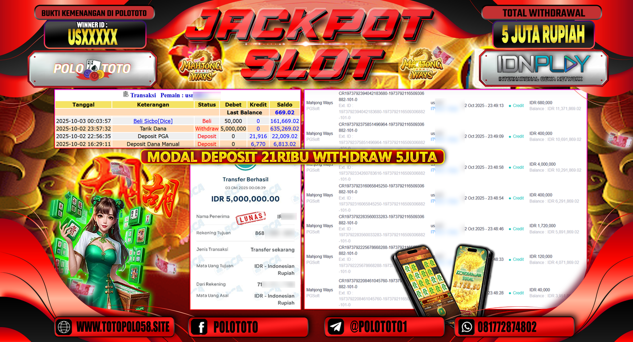 POLOTOTO JACKPOT SLOT MAHJONG WAYS Rp.5.000.000,- LUNAS