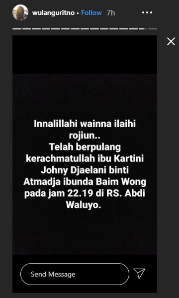 Unggahan Wulan Guritno mengenai ibunda Baim Wong meninggal dunia
