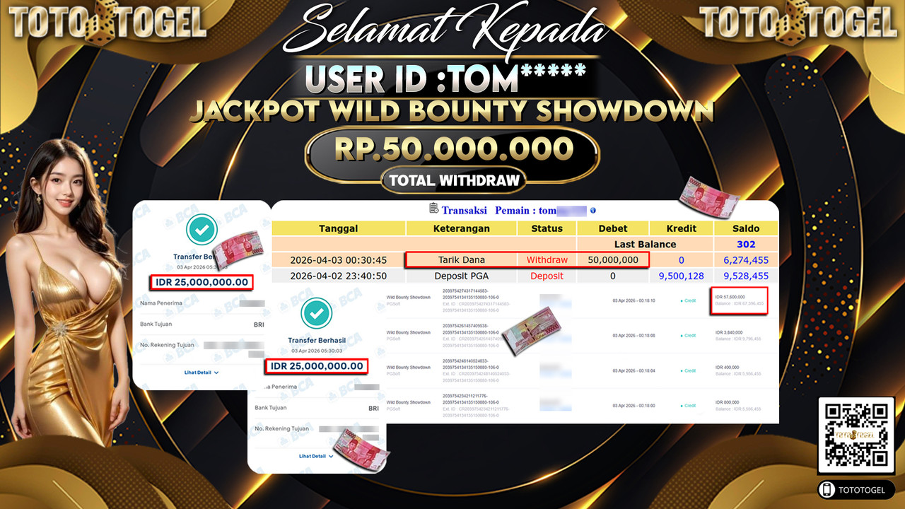 Bukti Pembayaran Jackpot Permainan Slot Wild Bounty Showdown ID:TOM*****LUNAS