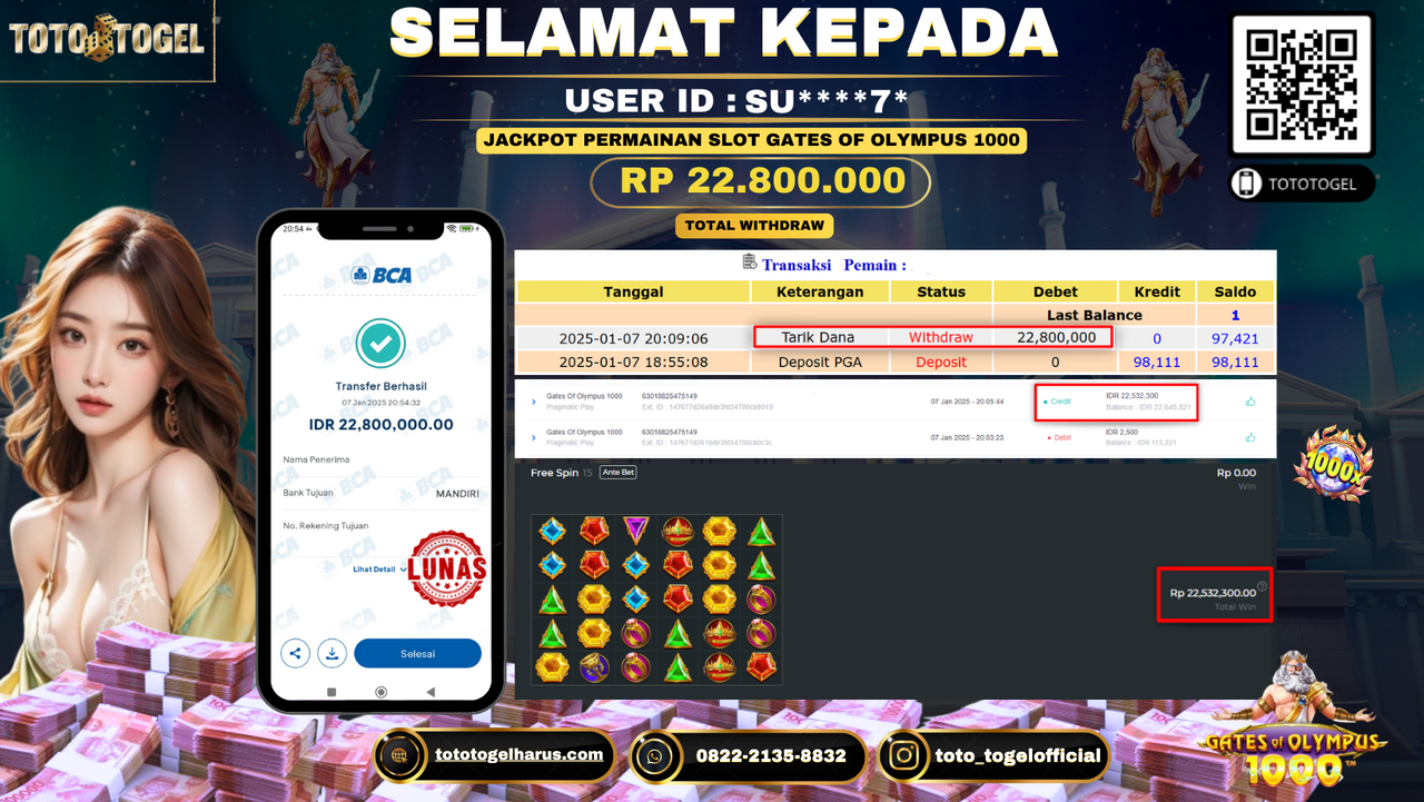 Bukti Pembayaran Jackpot  Permainan Slot Gates Of Olympus 1000  : SU****7* LUNAS
