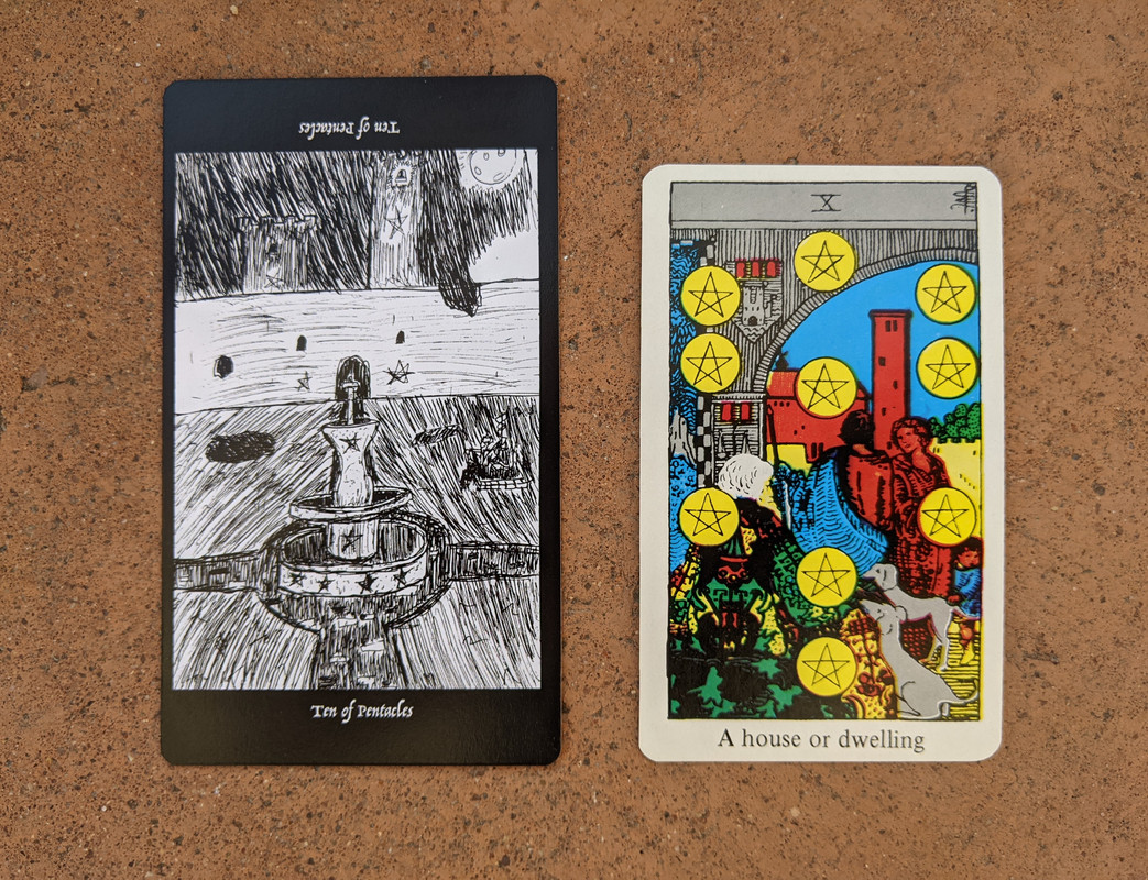 The Ten of Pentacles from the Elsewhere Tarot, showing a rough, sketchy drawing of a tower in the distance with someone looking out a window, a central structure in the foreground that might be fountain, or some other vertical structure, with roads or canals at the cardinal points, a pit, and some sort of enclosure with a picket fence, alongside the Ten of Pentacles from a janky, bootleg RWS deck, showing an old family patriarch with the lush estate he’s built and his heirs who will inherit him.