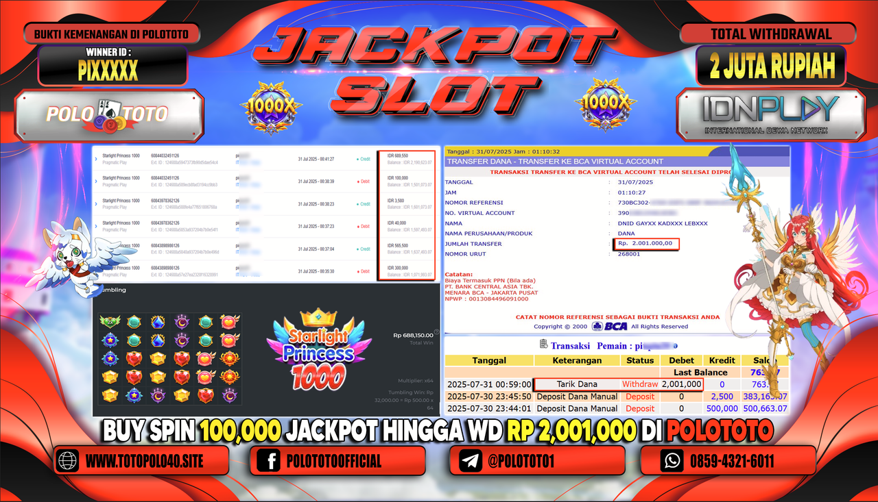 POLOTOTO JACKPOT SLOT STARLIGHT PRINCESS 1000 Rp.2.000.000,-LUNAS