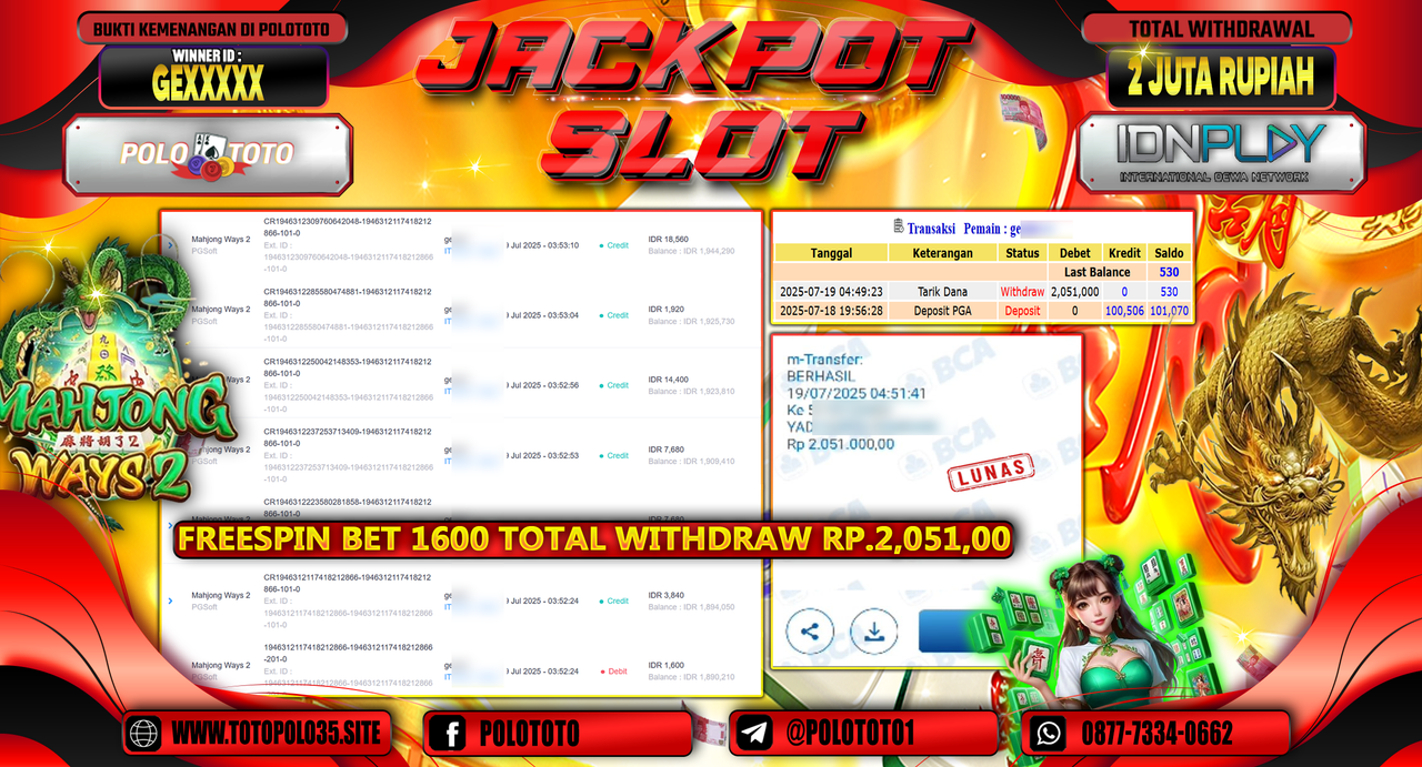 POLOTOTO JACKPOT SLOT MAHJONG WAYS 2 Rp.2.000.000,- LUNAS