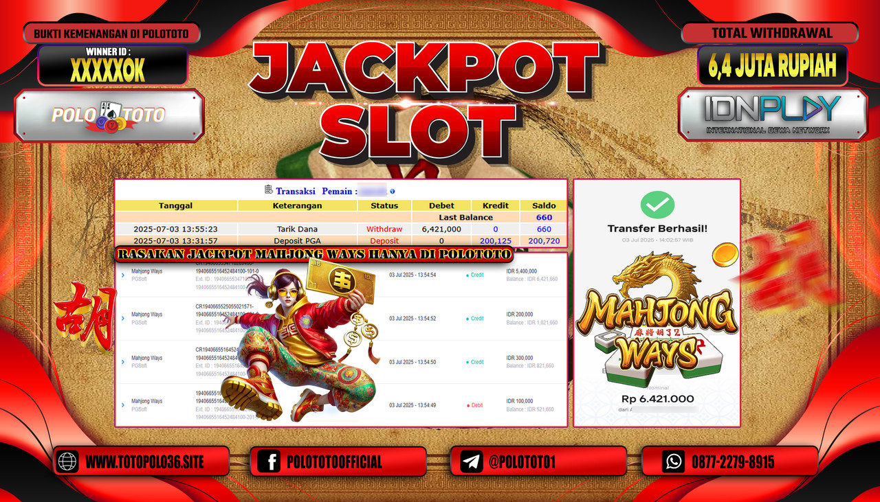 POLOTOTO JACKPOT SLOT MAHJONG WAYS Rp.6.400.000,- LUNAS