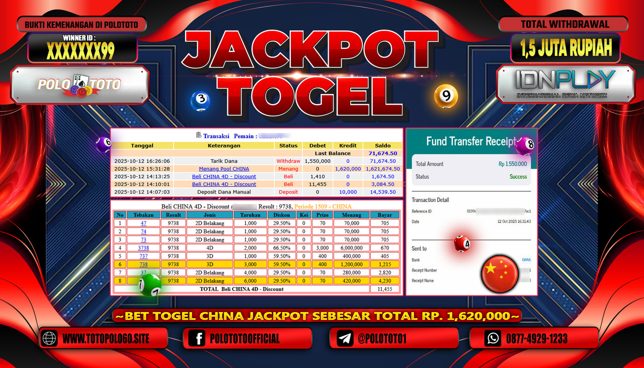 POLOTOTO JACKPOT TOGEL POOL CHINA Rp.1.500.000,- LUNAS
