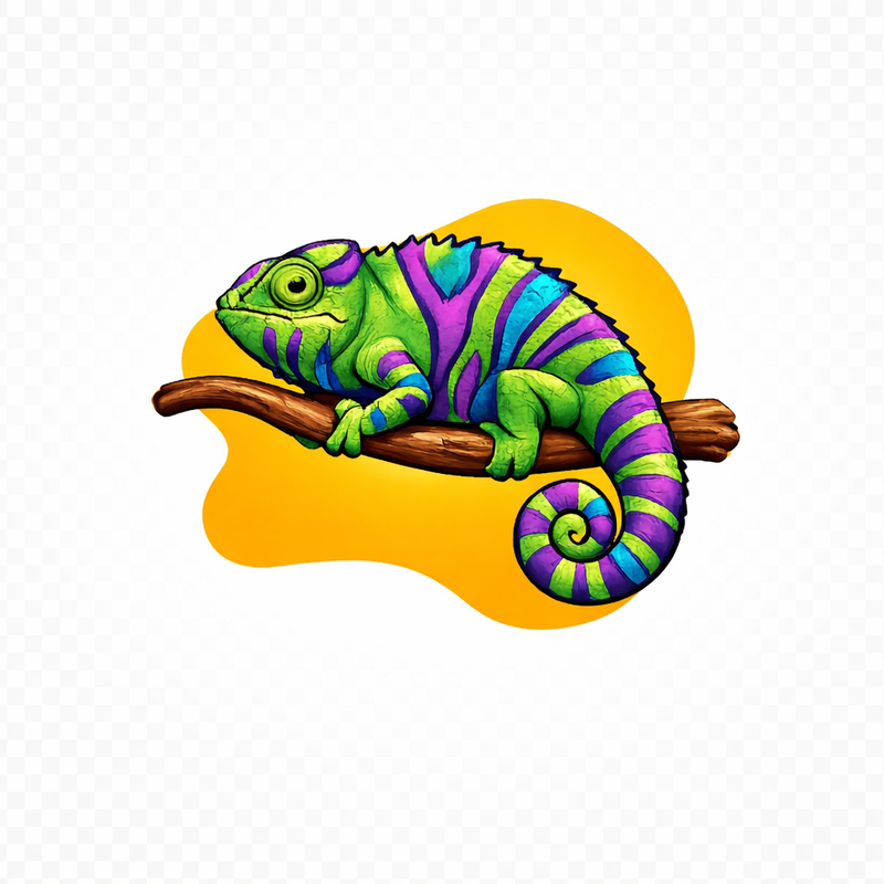 Camaleão colorido em ramo curvado