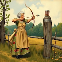 Jane's granny shooting a tin of beans off a fence-post