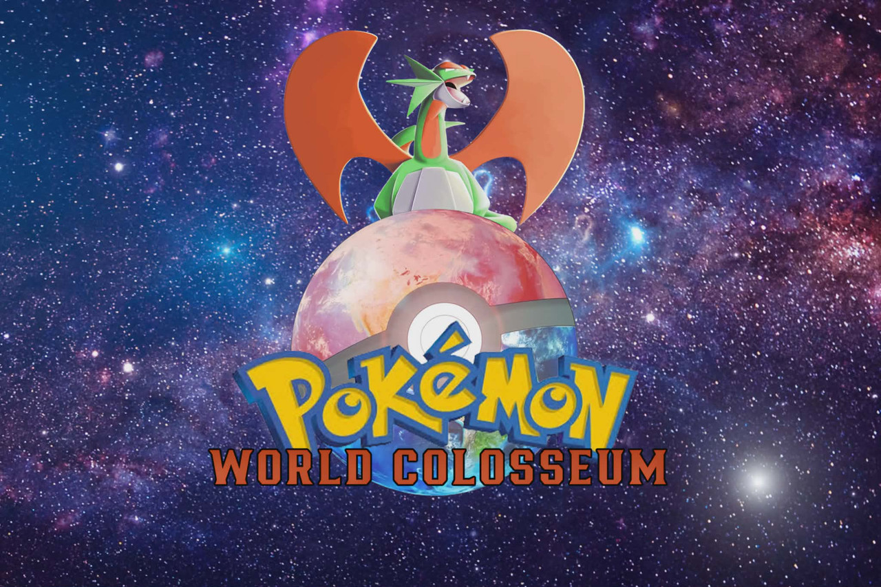 A green dragon with orange wings sits atop a planet resembling a Poké Ball. The text reads "Pokémon World Colosseum" against a cosmic starry backdrop.