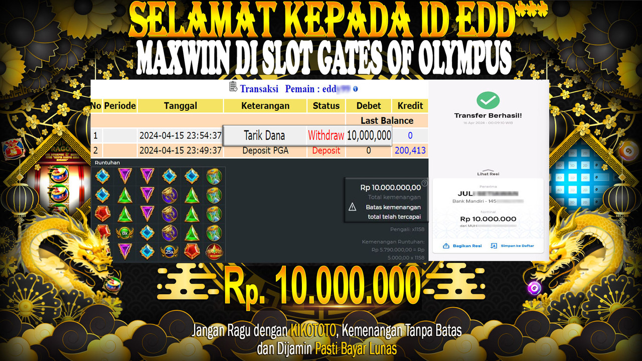 MAXWIN !!! MENANG BESAR DI SLOT GATES OF OLYMPUS SEBESAR Rp 10,000,000 LANGSUNG DI BAYAR KIKOTOTO !!!!