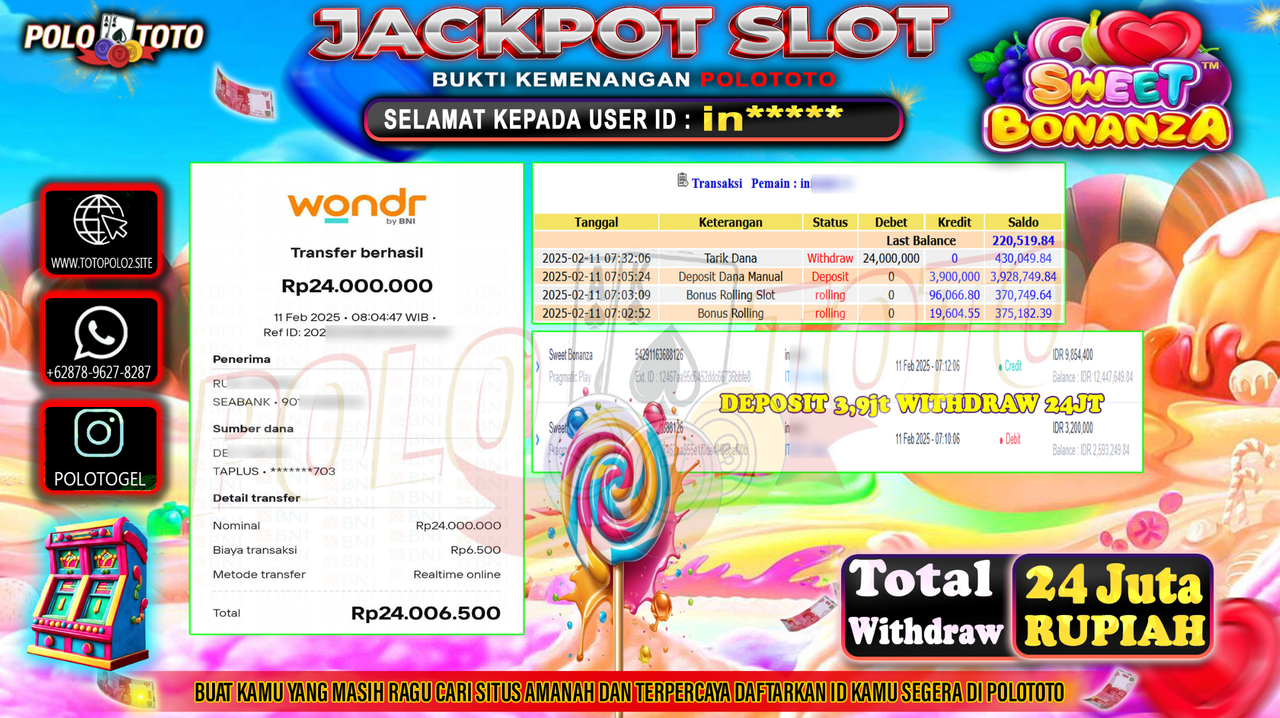 POLOTOTO JACKPOT SLOT SWEET BONANZA Rp.24.000.000,-