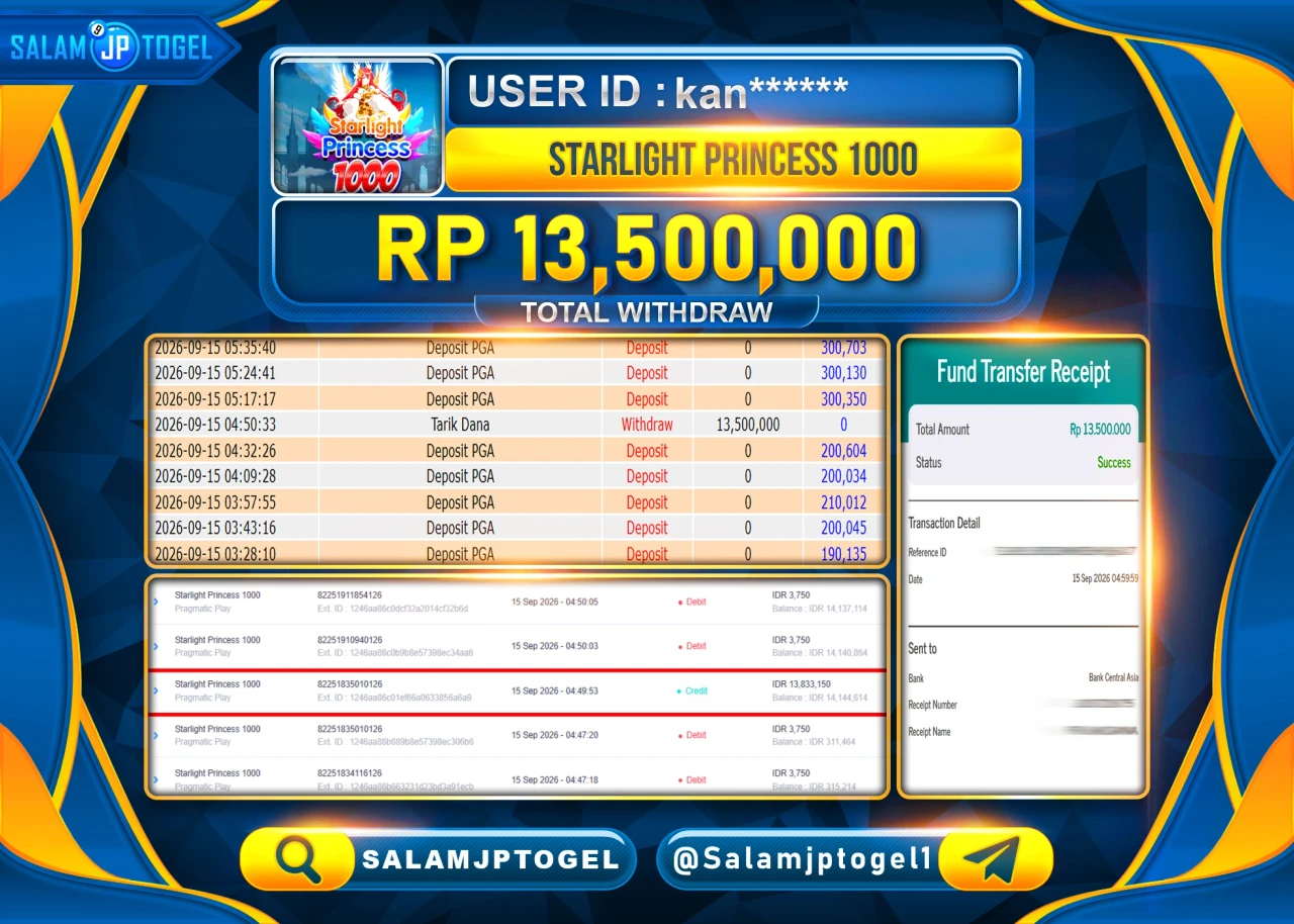 SALAMJPTOGEL JACKPOT MENANG SLOT STARLIGHT PRINCESS 1000 Rp.13,500,000 - LUNAS