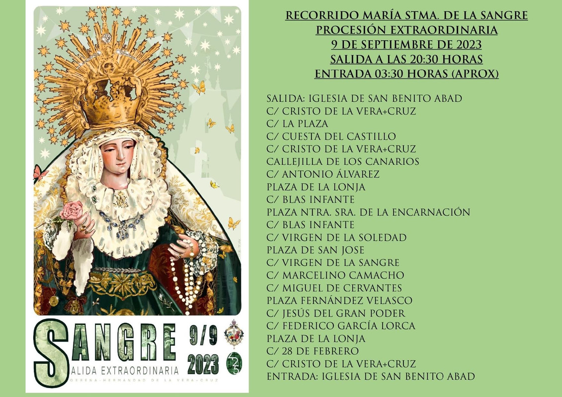 Horario e Itinerario Procesión Extraordinaria de la Virgen de la Sangre. Gerena 09 de Septiembre del 2023