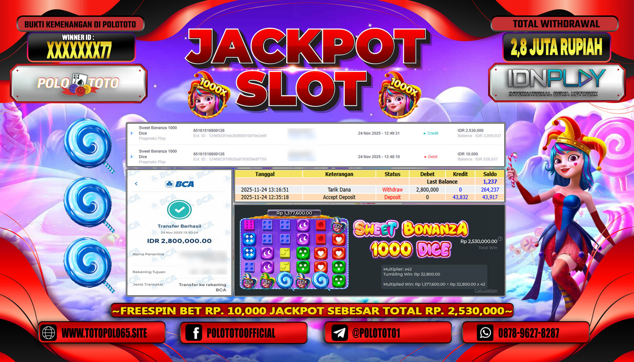 POLOTOTO JACKPOT SLOT SWEET BONANZA 1000 DICE Rp.2.800.000,- LUNAS