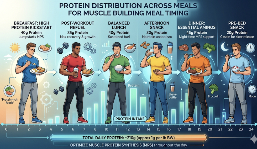 Chart showing protein distribution across 3-5 meals per day with 20-40g protein per meal, illustrating muscle building meal timing and best eating schedule bodybuilding
