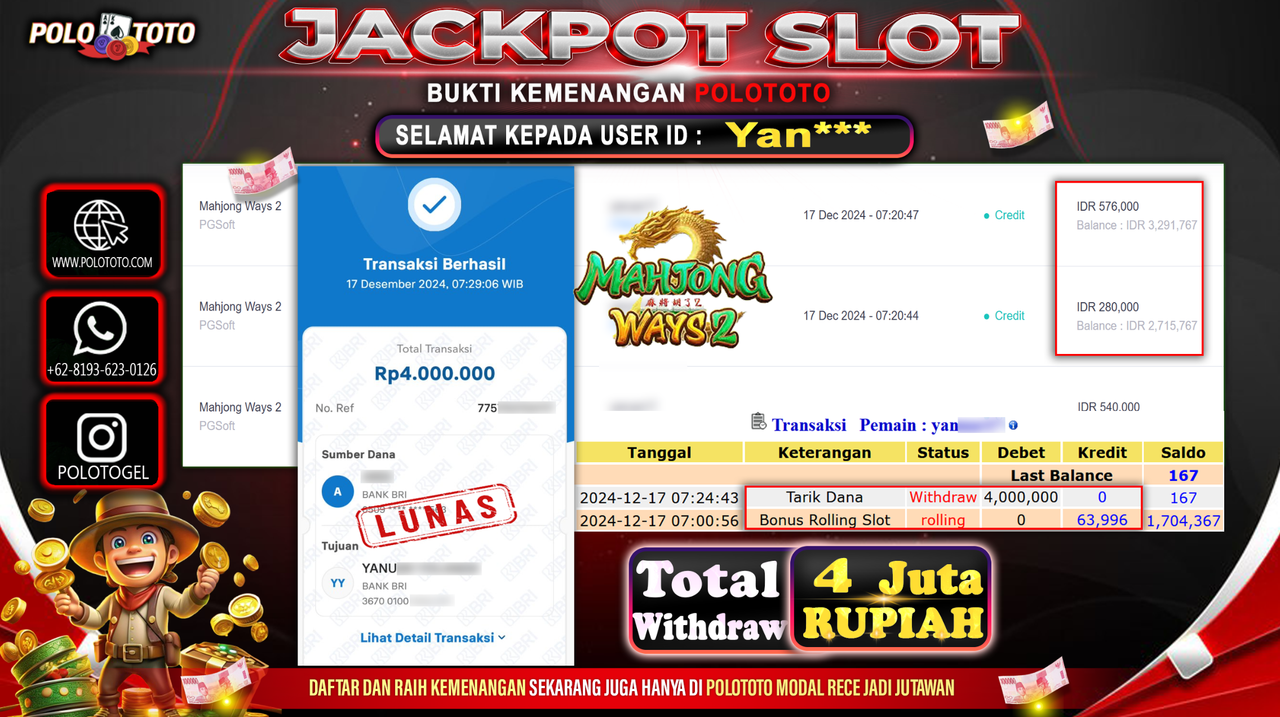 POLOTOTO JACKPOT SLOT MAHJONG WAYS 2 Rp.4,000.000,- 
