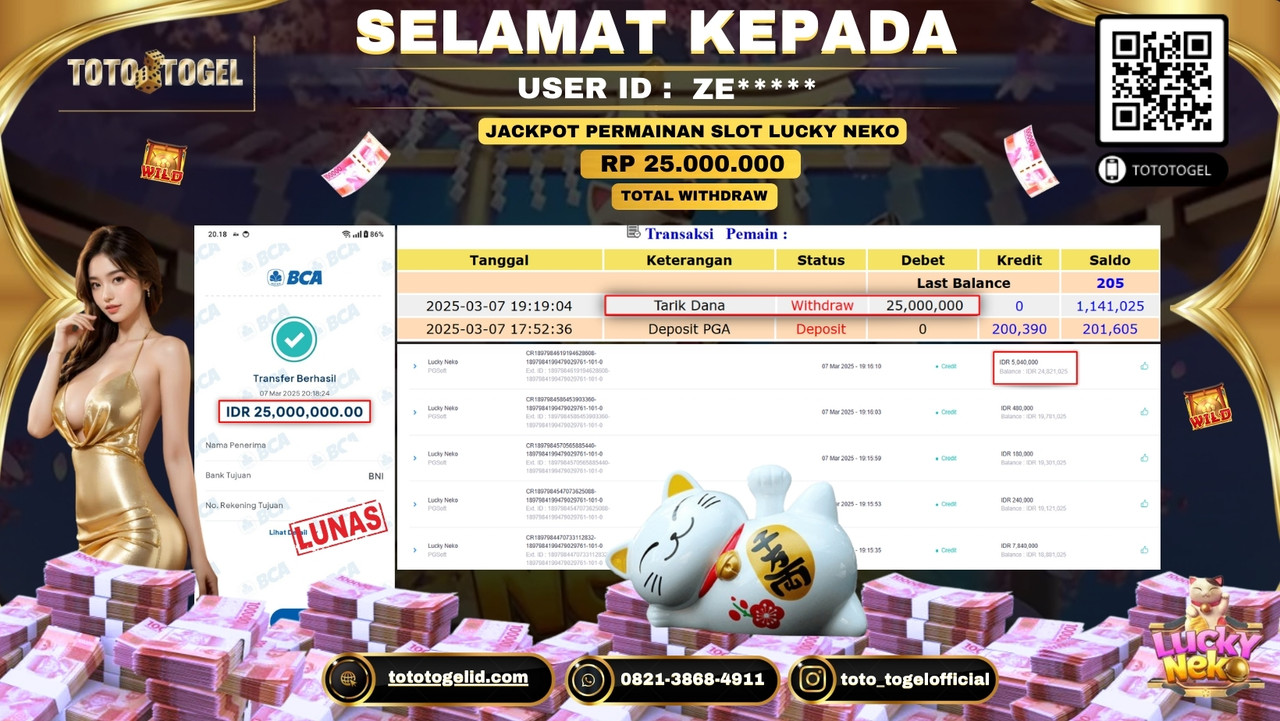 Bukti Pembayaran Jackpot  Permainan Slot Lucky Neko  ID:ZE***** LUNAS