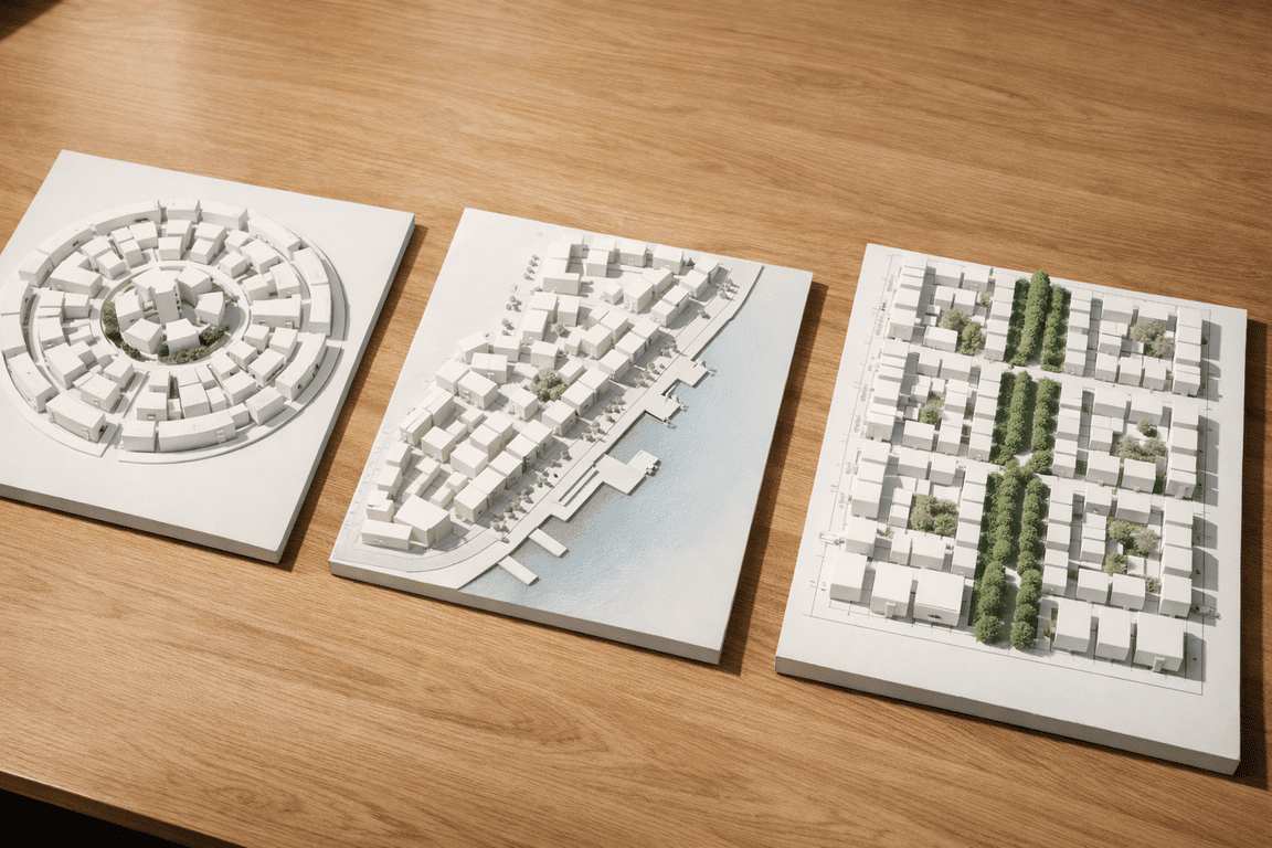 Три варианта объемных макетов малоэтажного района на одном столе