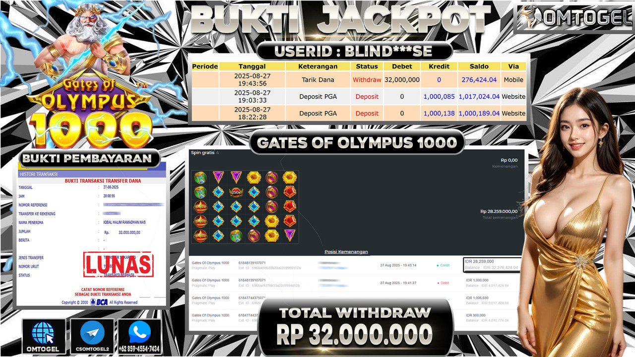 OMTOGEL JACKPOT PRAGMATIC PLAY GATES OF OLYMPUS 1000 32 JUTA DI BAYAR LUNAS ,-