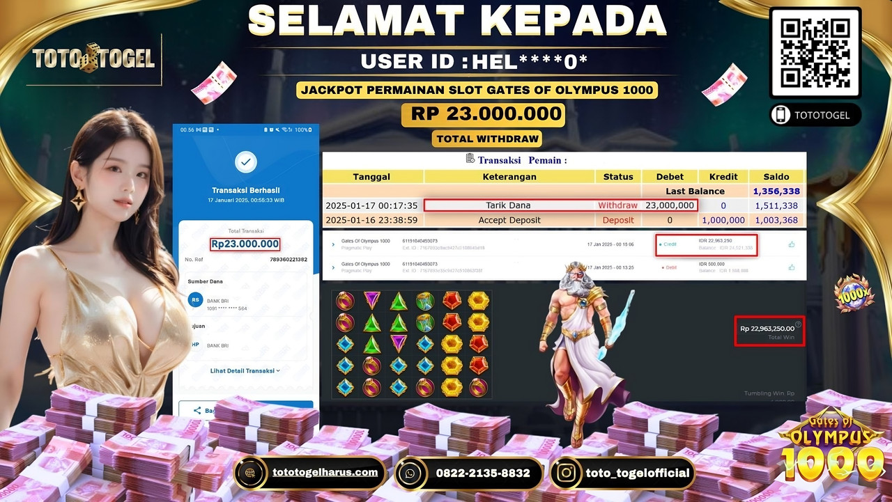 Bukti Pembayaran Jackpot  Permainan Slot Gates Of Olympus 1000  :HEL***0*  LUNAS