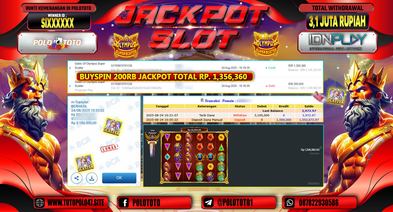 POLOTOTO JACKPOT SLOT GATES OF OLYMPUS SUPER SCATTER Rp.3.100.000,- LUNAS