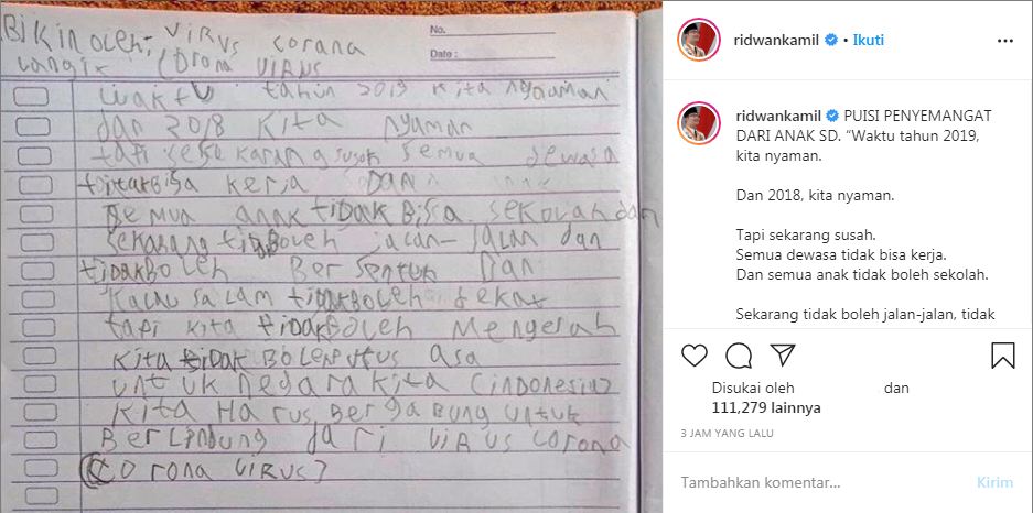 Puisi penyemangat yang diunggah Ridwan Kamil
