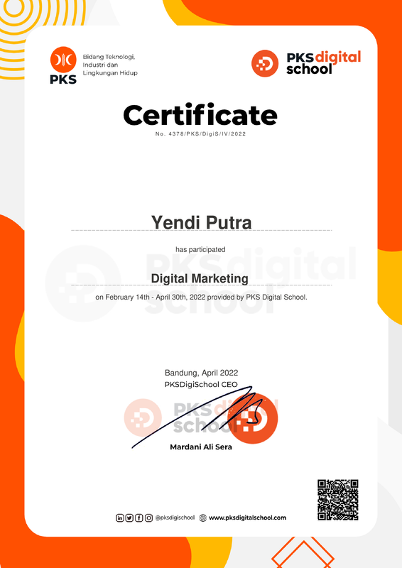 Sertifikat Digital Marketing Yendi Putra
