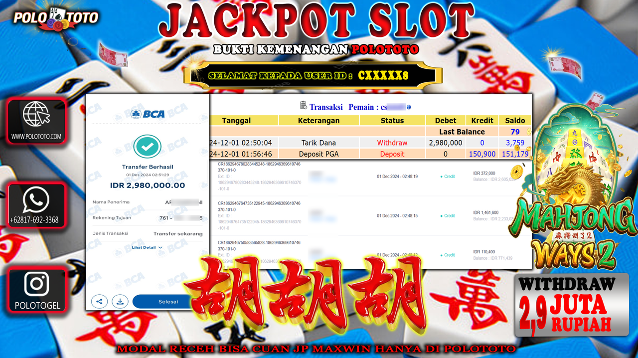 POLOTOTO JACKPOT SLOT MAHJONG WAYS 2 Rp.2,980.000,-