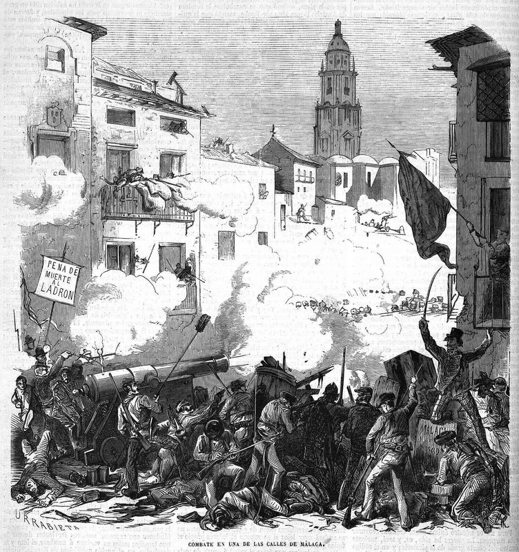 Combate en una de las calles de Málaga (Vicente Urrabieta. Revista El Museo Universal, 24-1-1869)